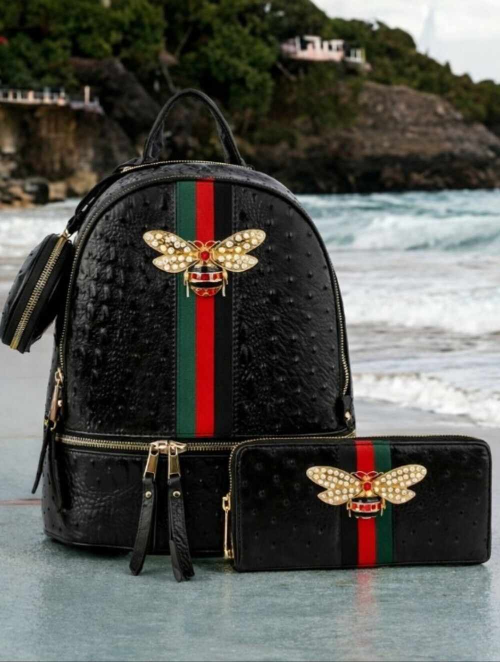 Black Bee-Embellished Backpack & Wallet Set - Black